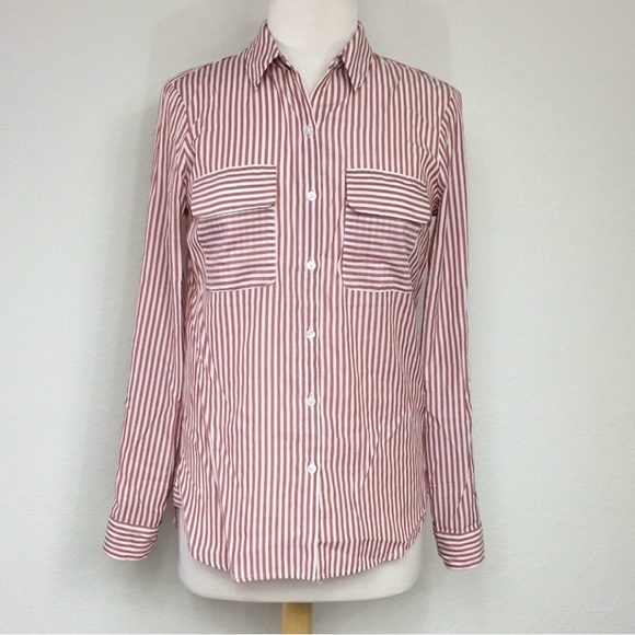Express Women's Red Brown White Stripe Button Blouse Shirt Size Small Classic - Picture 1 of 13